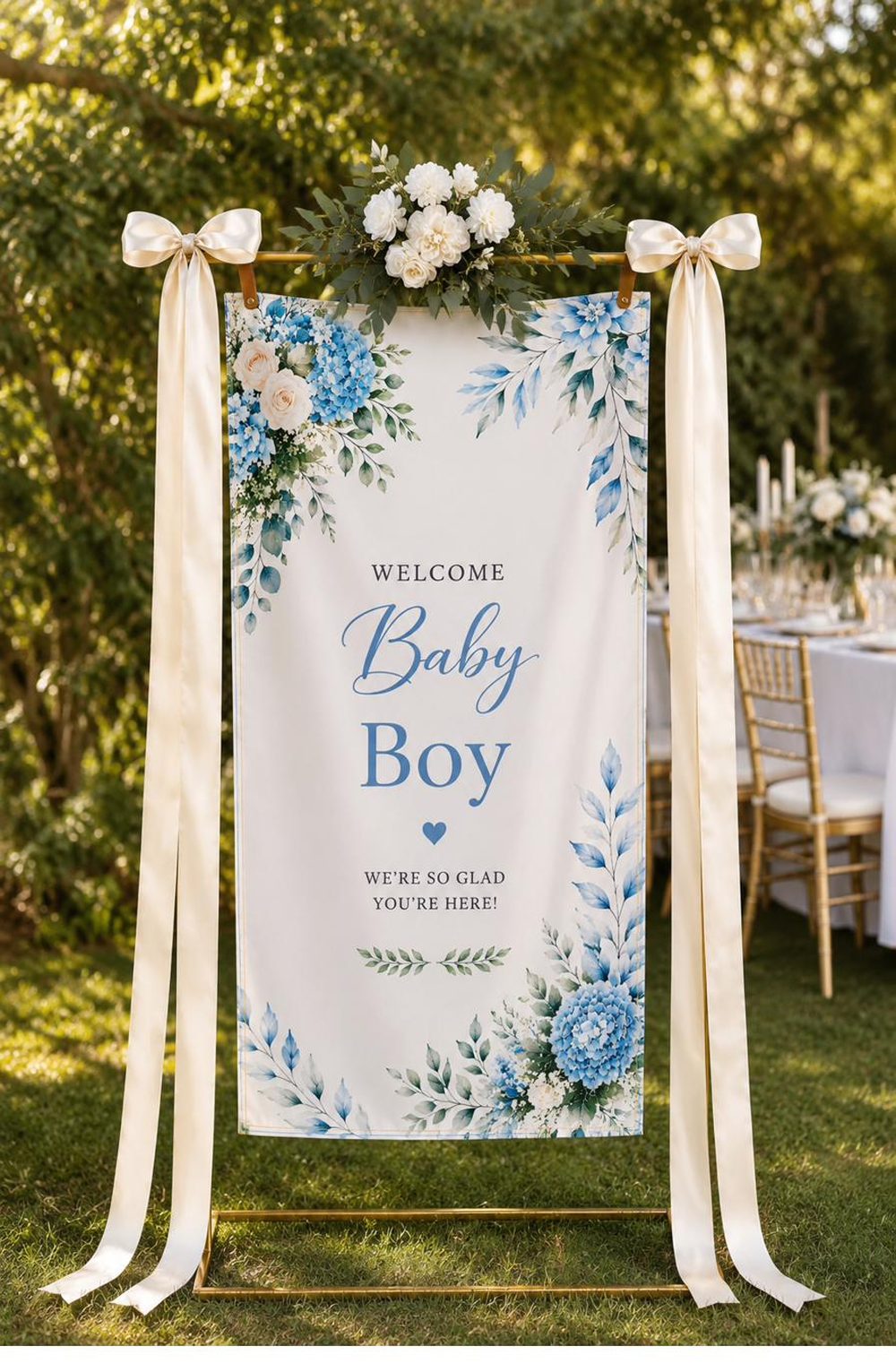 Welcome Baby Boy floral banner and ceremony styling