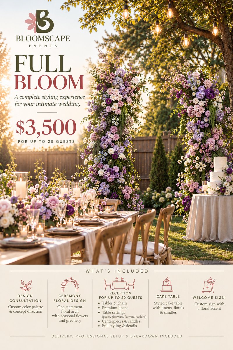 BloomScape Full Bloom package, $3,500 for up to 20 guests &mdash; ceremony floral arch, full reception styling, cake table, welcome sign