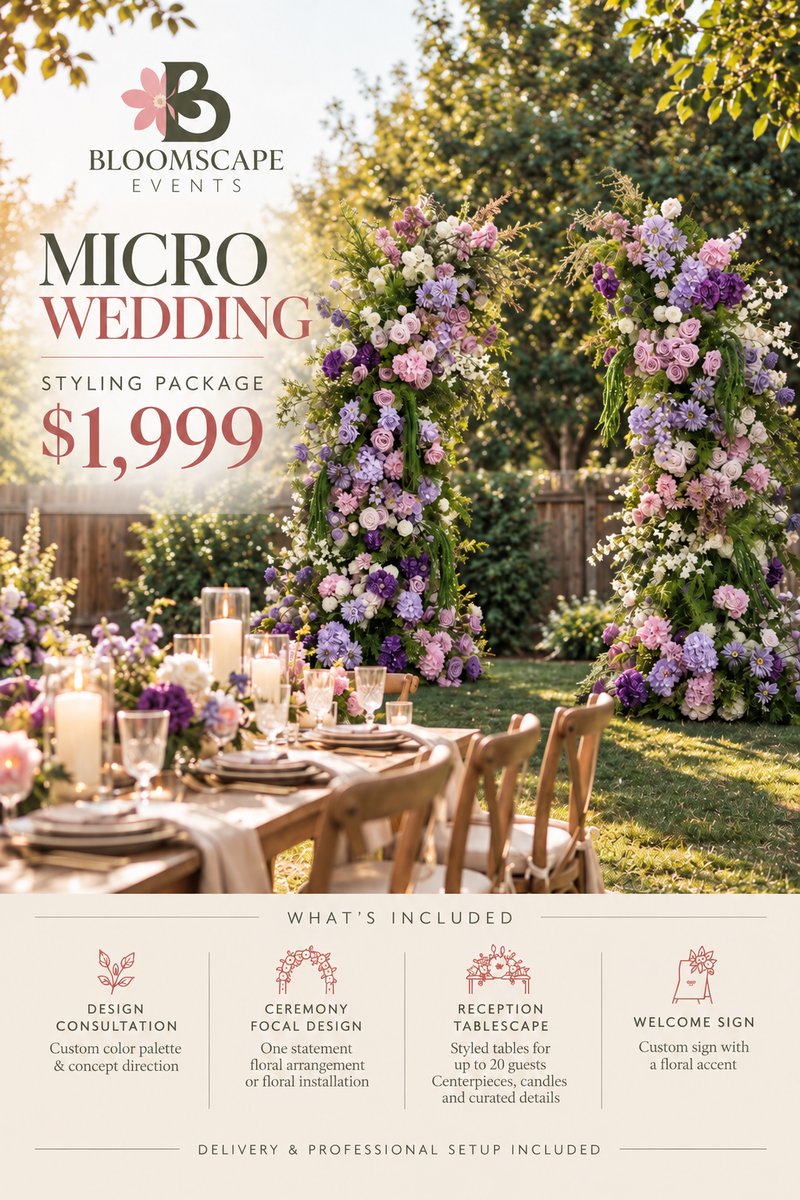 BloomScape Micro Wedding Styling Package, $1,999 &mdash; design consultation, ceremony focal design, reception tablescape, welcome sign